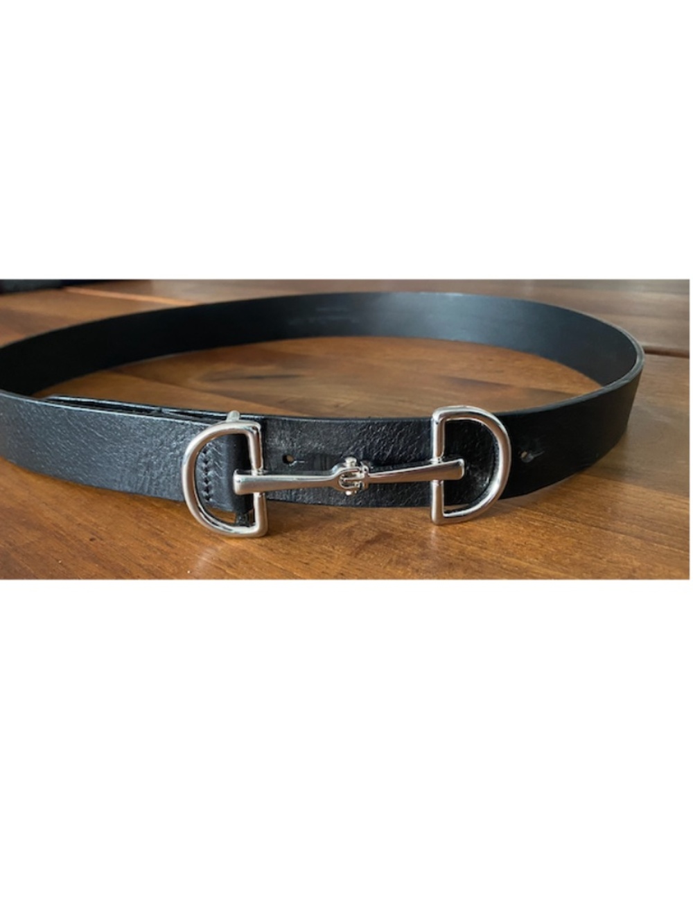 Massimo Dutti Black Leather Belt with Silver Horsebit Buckle
